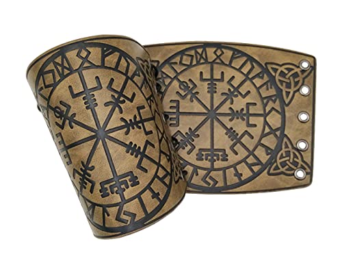 Brassards Vikings médiéval en Cuir PU Protège-Bras Nordiques Viking Vegvisir Manchette en Relief Gauntlet Bracelet médiéval Chevalier Armure Brassards en Cuir (Kaki) Cover