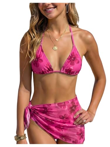 Image of SOLY HUX Girl's Summer Swimsuit Set Floral Halter Triangle Bikini Set with Wrap Skirts Beachwear