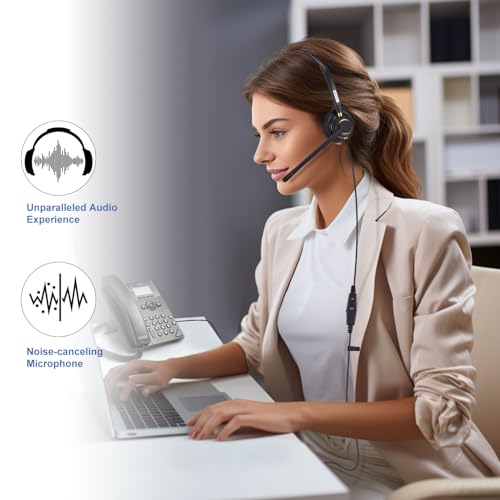 Arama Casque téléphonique avec microphone antibruit, casque de bureau RJ9 compatible avec Polycom VVX411 Avaya 9508 Mitel 5312 ShoreTel BT Converse NEC Fanvil Téléphones fixes – vue 2