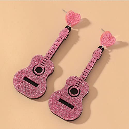 Acrylic Classical Guitar Earrings Retro Renaissance Rock Band Music Guitar Dangle Earrings Punk Style Violin Instrument Drop Earrings Hypoallergenic Lightweight Guitar Earrings For Women Girls (Pink) #TOP3