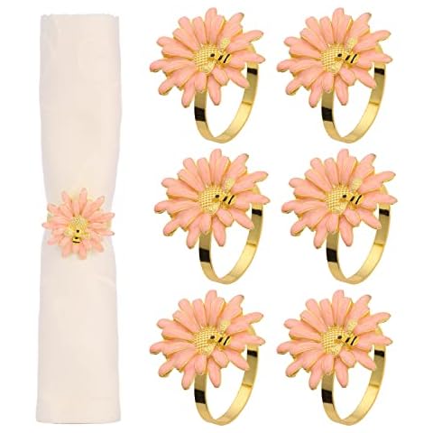 Davfina Napkin Rings Set of 6,Daisy Sunflower Gold Bee Napkin Ring Holders for Wedding,Parties Dinners Christmas Holidays Decor (Pink) Cover