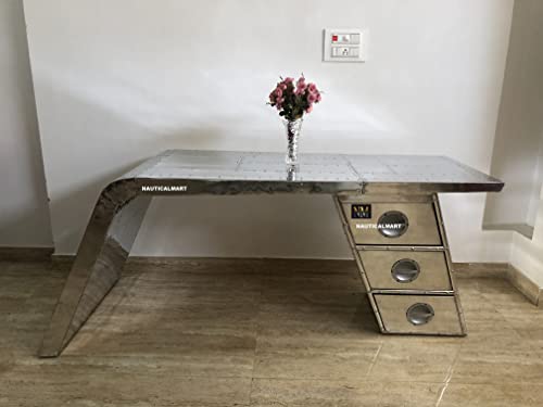 Nautical-Mart-Aviator-Wing-Desk-Aluminium-Table-Aviator-Home-Office-Furniture-60-Inches-Three-Drawer