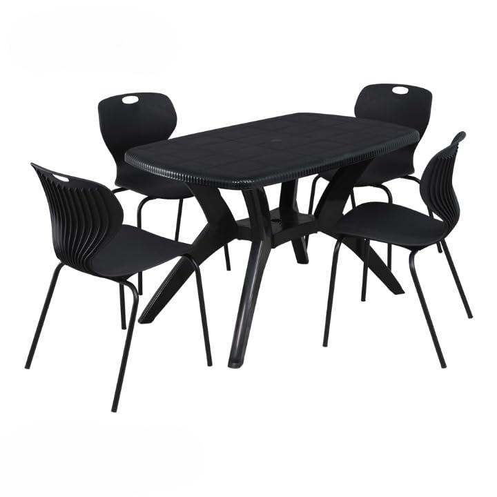Image of Furniture 4 Seater Max Plastic Cross Leg Dining Table and 4 Nos Bloom Chair Shell with Stainless Steel Legs for Home, Garden & Cafeteria (Finish Color -Black, DIY(Do-It-Yourself)
