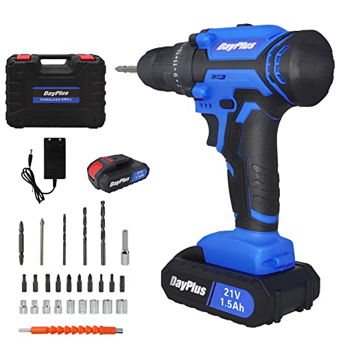 Perceuse Visseuse Sans Fil 21V, 26PCS Perceuse Electrique avec Batteries 1.5Ah, Couple Max 42N.m, 25+1 Réglages de Couple, 2 Vitesses, Mandrin Auto-serrant 10mm, Pour Bricolage