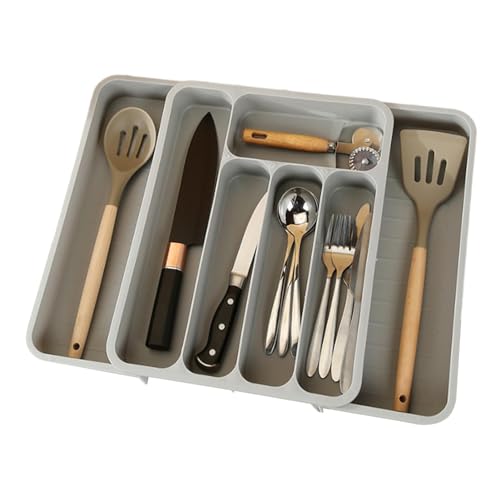 Cajón para cubiertos – Cajón para cubiertos extraíble | Bandeja organizador para cubiertos | Bandeja para cubiertos extensible con 7 compartimentos | Cajón integrado ajustable para cucharas y