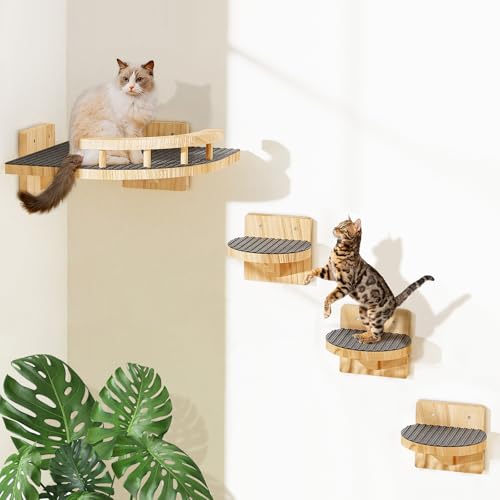 Cat Wall Shelves with 3 Steps, Wooden Cat Wall...