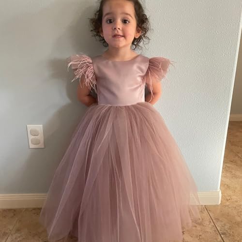 Pretty Long Flower Girl Dress Satin Feather Wedding Bridesmaid Dresses Tulle Pageant Evening Party Gown Big Bow3