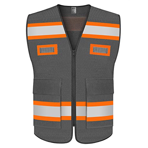Chaleco de seguridad de alta visibilidad con bolsillos, chaleco reflectante de trabajo ANSI/ISEA clase 2, Hawks 01-mesh Grey, 3XL