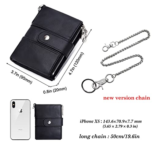 Image of boshiho Genuine Leather Bifold Chain Wallet for Men RFID Blocking | Heavy Duty Steel Anti-Theft Chain & 2 Zipper Coin Purse. Perfect for Bikers, Daily Commute, Gift for Dad /Husband