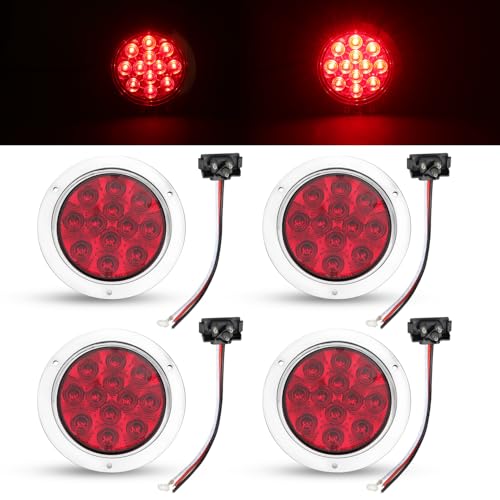 TMH 4 Pcs 4 Inch Red LED F3 Piranha Round Trailer Tail Lights 12 Diodes Super Bright Sealed Surface Mount for Truck Cabin Bus RV Tow Dump Heavy Duty 12V DC with Chrome Bezel GAC12