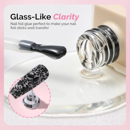 Image of MelodySusie Nail Foil Glue Gel with 20 Rolls Lace Flower Stickers Set | Lace Flower Butterfly Stickers for Nail Art, Professional Strong Sticky Base for Nail Foils & Stickers, Need Cure