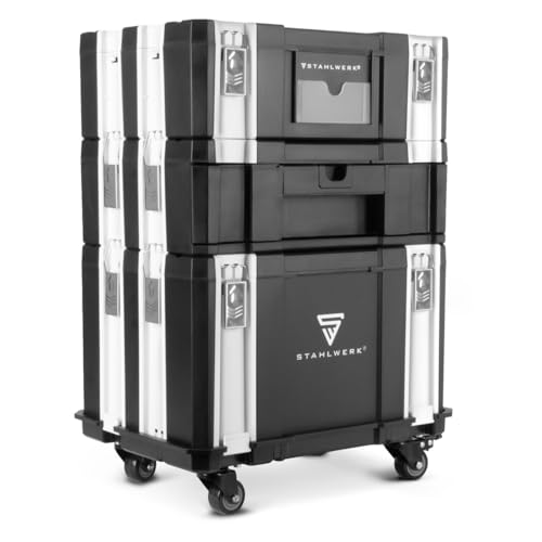 STAHLWERK Toolbox-Set mit Rollbrett – mobiler Werkzeug-Organizer mit drei Boxen und Schubfach viel Stauraum stabile Klickverschlüsse flexibles Aufbewahrungssystem für Werkstatt Garage und Montage