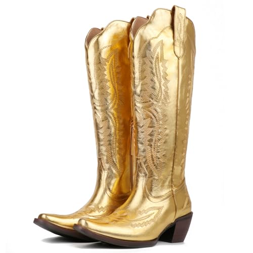Meefit Cowboy Boots for Women Knee High Cowgirl Boots Pointed Toe Chunky Heel Western Boots Retro Country Boots Vintage Tall Boots(Gold US9.5)