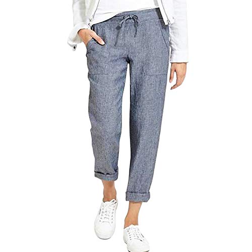 Womens Drawstring Elastic Waist Straight Leg Pants Solid Color Cotton Linen Loose Trousers with Pockets (UK 22/Tag 5XL) Gray
