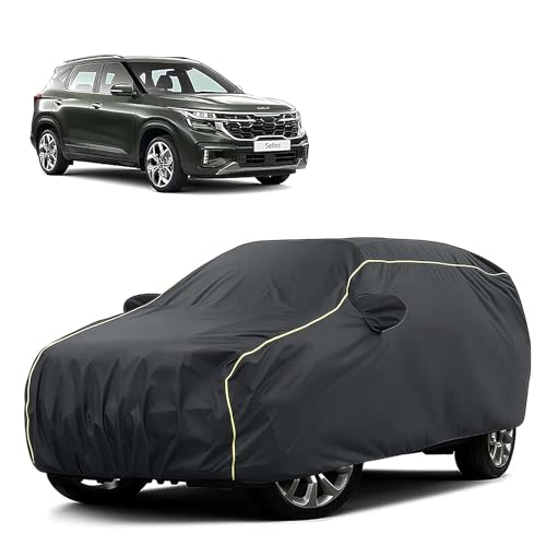 Image of Sulfar 100% Water Resistant Car Body Cover Compatible with Mirror for Kia Seltos (Triple Stitched, Full Bottom Elastic, Dark Grey Taffeta with Yellow Piping)