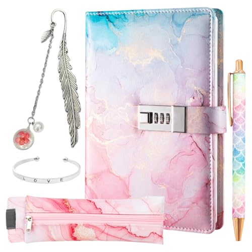 Image of Climberty Aesthetic Diary With Lock For Girls, Soft PU Leather Journal Notebook With Ribbon Bookmark, Metal Bookmark, Bracelet, Pencil Pouch, Diamond Pen, Gift Set For Women, 192 Pages A5 Size
