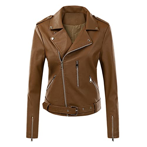 L9WEI Chaqueta de cuero para mujer, chaqueta corta de motorista, solapa, otoño, invierno, entretiempo, chaqueta delgada de motorada, piel sintética, moda Streetwear, marrón, L