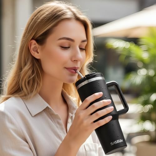 Image of SASEUM 40 oz Tumbler with Handle & Lid, Vacuum Insulated Travel Mug (Purple, 40 Ounces)
