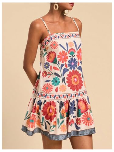 Women's Floral Boho Flowy Mini Cami Dress Ruffle Hem Spaghetti Strap Vacation Tank Dresses2