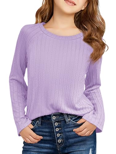 Haloumoning Girls Long Sleeve Shirts Kids Textured Crewneck Tops Casual Cute Blouse Tee 5-14 Years