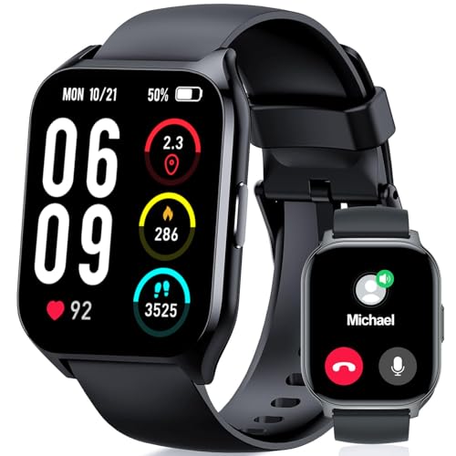Vtkp Smartwatch Herren Damen, 2,1'HD Touchscreen Smart Watch mit Bluetooth Anrufe, 110+Sportmodi Fitnessuhr, Herzfrequenzmonitor Schlafmonitor Schrittzähler, IP68 Wasserdicht für iOS Android,(Schwarz)