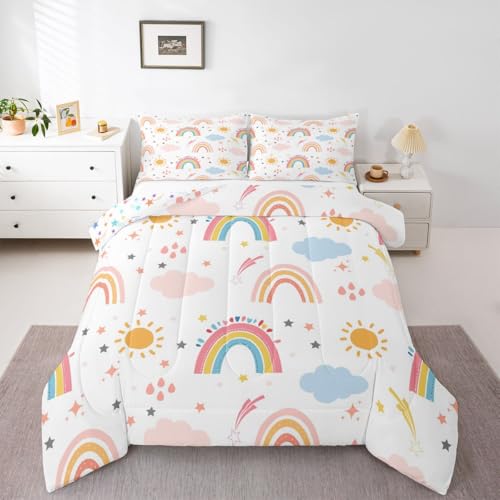 Image of Feelyou Kids Rainbow Comforter Set Full,Cute Boho Rainbow Girls Bedding Set Ultra Soft Sun and Stars Child Toddler Quilt Set Room Decor Lovely Rainbows Reversible Stars Duvet Set,Yellow Pink Blue