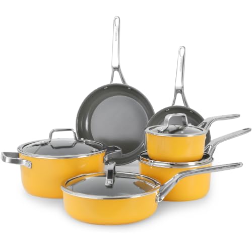 Mosiech Yellow 10 Piece Ceramic Cookware Set | Pots Pans for Family Meals