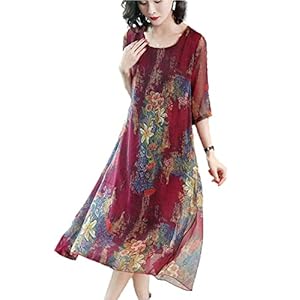J-Scottt JS15 Elegant Chiffon Dress, Elegant, Botanical Pattern, Mid-Calf Length, 3/4 Sleeves, Plenty of Fabric, Easy Care Material, Flare Silhouette, Stylish Wear, Blue, Wine Red, M – 4XL