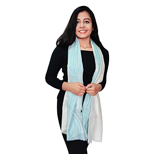Image of ZEBAYA Unisex Woollen Stole in Yarn Dyed Stripes for Winter (Swami S05, Sky Blue, 75 x 180 cm)