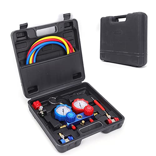 JAYEUW Climatiseur - Aide au montage - Appareil de mesure du liquide frigorigène - Avec 3 tuyaux de remplissage de 1,5 m et mallette - Aide au montage à 2 voies - Kit de jauge Manifold