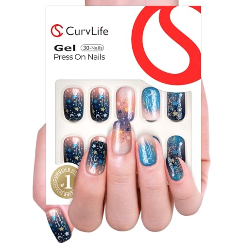 CurvLife Medium Square Ombre Press On Nails, Sky Fade Black, Soft Gel