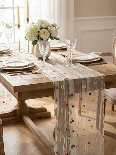 Florals Lace Table Runner Embroidery Daisy Spring Summer 120inch 10ft