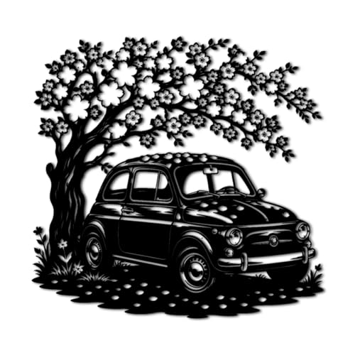 Vintage Car Under Cherry Blossom Metal Wall Art Metal Outdoor
