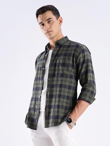 Image of TURMS Men's Casual Checks Shirts, Odor Control, Moisture Wicking, Button Down Collar, Cool Tech Cotton Fabric, Tailored Fit, Full Sleeve
