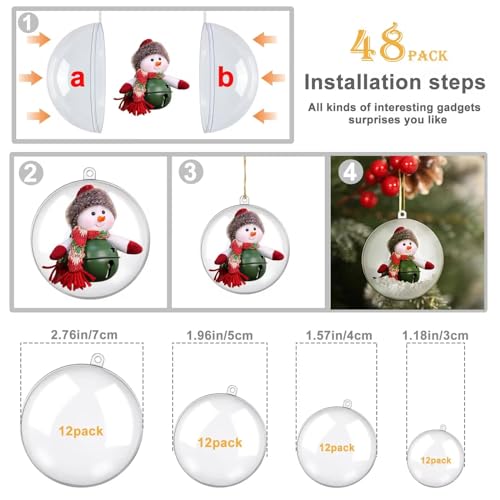 48 PCS Clear Acrylic Ball Ornaments, Plastic Christmas Fillable Ornaments, Transparent DIY Fillable Decoration Balls for Christmas Tree, Wedding, Party and Home Decor