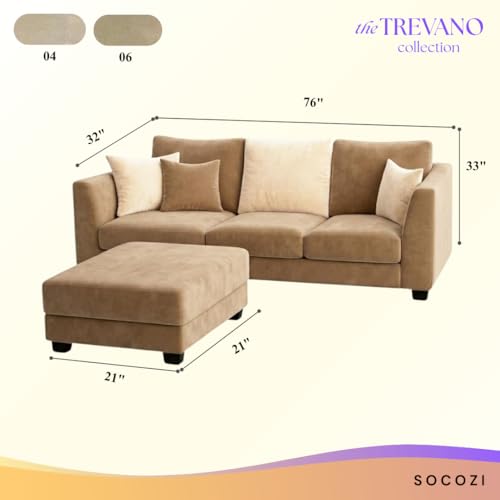Image of SOCOZI Trevano 4 Seater L Shape Sofa Set with Movable Ottoman | Flexible Left or Right Layout | Soft Velvet Suede Fabric | Modern Design | Plush Comfort Cushions for Living Room (Beige-Cream)