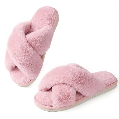 Ankis Women's Fuzzy Slippers Cross Band Memory Foam Open Toe Comfy Soft House Shoes Anti-Slip...