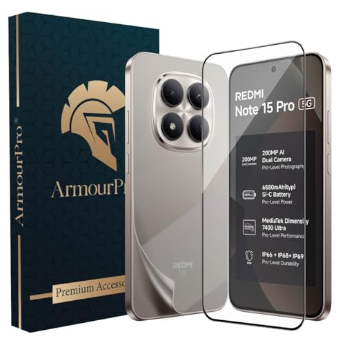 Image of ArmourPro Tempered Glass for Redmi Note 15 Pro with Back Clear Membrane Guard, Edge to Edge Screen Protector, Anti-Bubble, Anti-Fingerprint, Oil Resistant, Installation Kit | Black