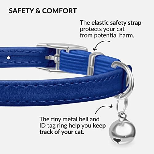 CollarDirect Leather Cat Collar with Bell - Kitten Collar, Small and Big Cat Collar for Boy Cats, Girl Cats with Safety Elastic Strap (Neck Fit 8"-11", Navy Blue) - 2