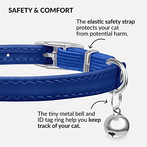 Image of Soft Leather Cat Collar with Safety Elastic Strap - Navy Blue