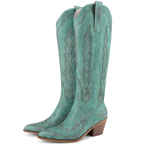 RONILURN Cowboy Boots for Women, Cowgirl Western Knee High Boots with Embroidered Pointed Toe Pull-On Retro Chunky Heels Tall for Casual, Concert & Music Festival Wear