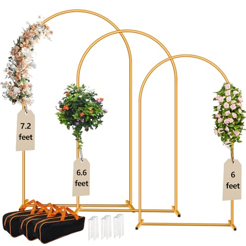 Eco Moda 3-Pack Metal Arch Backdrop Stand Set (6/6.6/7.2FT) Heavy Duty Rust-Proof Wedding Decoration Frame with Crossbar Base for Party, Photo Booth, Balloon & Flowers Decor (Gold, 6FT,6.6FT,7.2FT)