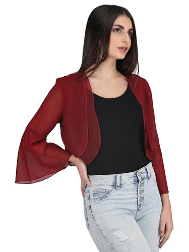 Image of AOL Women's Cropped Layered Lightweight Sheer Three-Fourth Bell Sleeves Georgette Open Neck Shrug Bolero