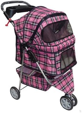 New Classic Pink Plaid 3 Wheel Pet Stroller