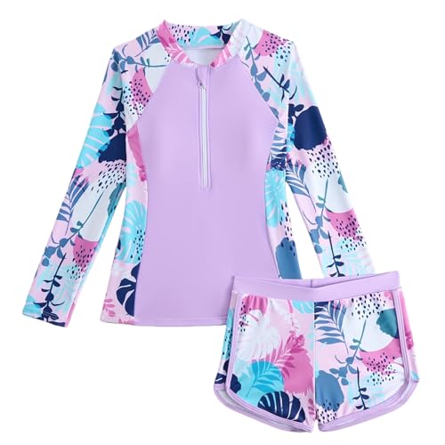 Maillot de bain deux pièces fille manches longues couleur unie et séchage rapide