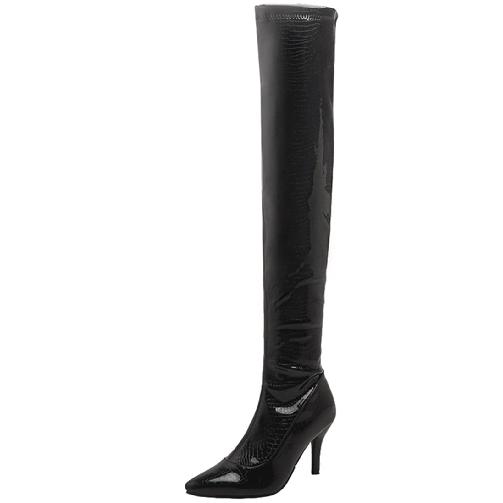 CUTEHEELS Damskie jednokolorowe buty na uda wysokie/nad kolanem ze szpilką i szpiczastym noskiem, czarny, 43 EU