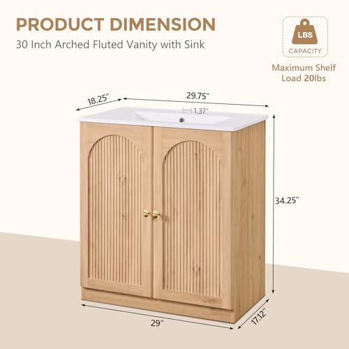 IFBUY 30 Inch Arched Bathroom Vanity with Sink, Modern Fluted Bathroom Vanity Cabinet with Adjustable Storage Shelf, Freestanding Single Bathroom Vanity with Ceramic Basin, Space-Saving, Natural Oak - Thumbnail 2