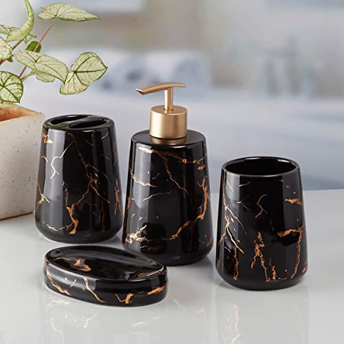 Image of Kookee Ceramic Bathroom Set - Stylish 4 Piece Bath Accessories Kit with Soap Dispenser, Toothbrush Holder, Tumbler & Soap Dish - Modern & Designer Decor for Home & Guest Bathrooms, Black /Gold (9747)