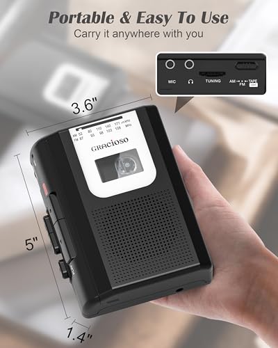 Image of Portable Cassette Recorder-Cassette Tape Player with AM FM Radio-Compact Tape Player with 3.5mm Earphone & Microphone Jack-2AA Battery Power-Tape Recorder for Home