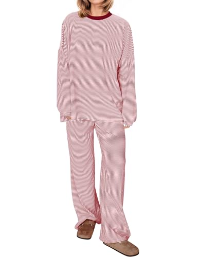 Image of MISSACTIVER Women's 2 Piece Striped Lounge Set Long Sleeve Oversized T-Shirt Wide Leg Pants Matching Pajamas Set